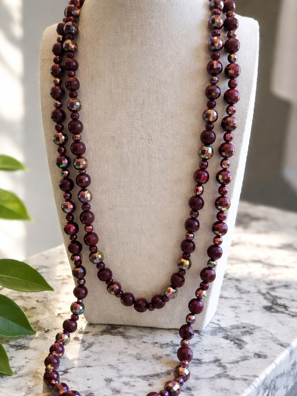 Premier Designs Burgundy Beaded Statement Necklace Layered Faceted Shine